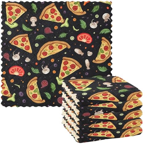 Ttgoth Paños de cocina con patrón de pizza, 6 paños de limpieza, paños de cocina, suaves y absorbentes, reutilizables, de secado rápido, trapos de limpieza para baño, hogar, coche