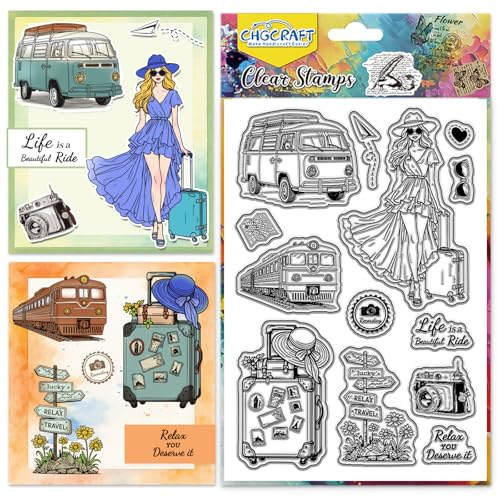 CHGCRAFT Reise Dame Clear Stempel Bus Zug Transparente Briefmarken Kamera Klare Silikondichtungen für Carding Making DIY Scrapbooking Fotoalbum Dekoration, 4,3x6,3 Zoll
