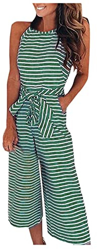 FUPODD Jumpsuit Damen Sommer Elegant Gestreift Overall 7/8 Lang Mit Gürtel Playsuit Neckholder Einteiler Weites Bein Jumpsuits Für Damen Mit Tasche Onesie Ärmellos Romper Frauen Streifen Hosenanzug