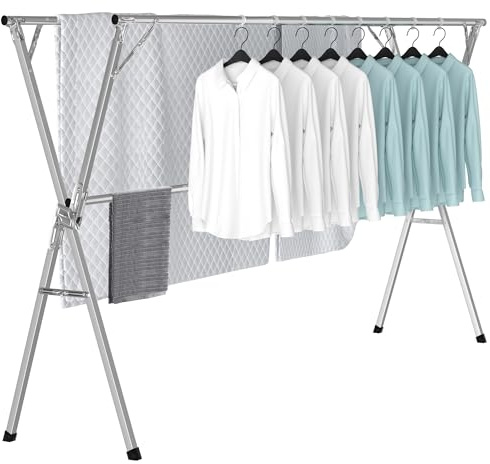 OUUTMEE Tendedero de 150-240 cm, de acero inoxidable, plegable, para uso doméstico en interiores y exteriores, con 20 ganchos de polipropileno resistentes al viento, extensible