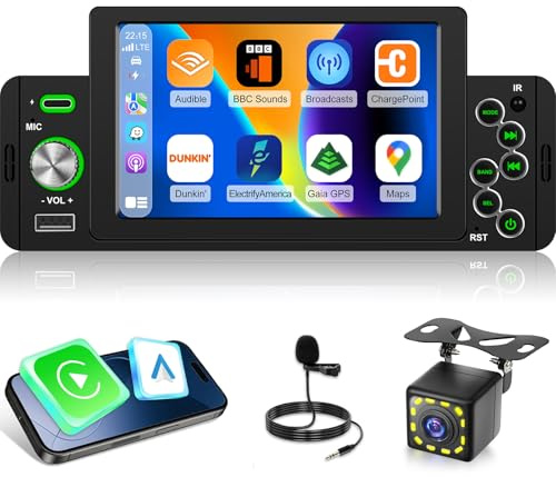 Radio 1 DIN con 5 Pulgadas Pantalla para Coche - Carplay inalámbrico y Android Auto - Miror Link Bluetooth FM Control del Volante Sonido EQ + Cámara de Marcha atrás de 12 LED