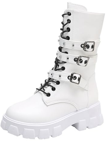 Botas gruesas de motociclista para mujer, botas gruesas para mujer, estilo gótico, de plataforma negra, botas de combate a media pantorrilla, botas de combate impermeables, botas de combate con