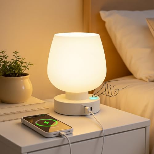Nachttischlampe Touch Dimmbar mit USB A+C Anschlüsse, Lampe für Nachttisch | Tischlampe Weiß, LED Birne, 3-fach Dimmbar, Kleine Glas Lampe mit Kabel für Nachttisch Schlafzimmer Wohnzimmer Babyzimmer