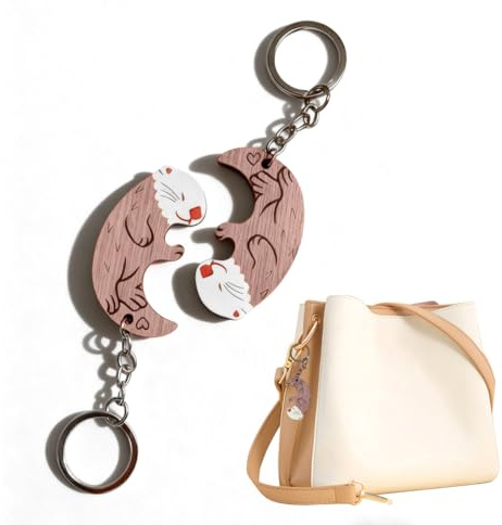 YUVKIN 1 Paire de Porte-Clés en Bois Loutre, Porte-Clé Couple Mignon pour Amis et Couples, Accessoire de Sac ou de Clés, Idée Cadeau