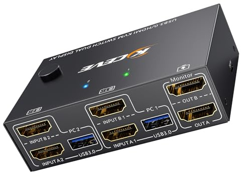ESKEVE 4K@60Hz / 2K@144Hz Dual Monitor HDMI 2.0 KVM Switch with 𝐄𝐃𝐈𝐃 𝐄𝐦𝐮𝐥𝐚𝐭𝐢𝐨𝐧, USB 3.0 KVM Switch 2 PC 2 Monitor with 4 USB 3.0 Ports, Includes 2 USB Cables and Wired Remote Control