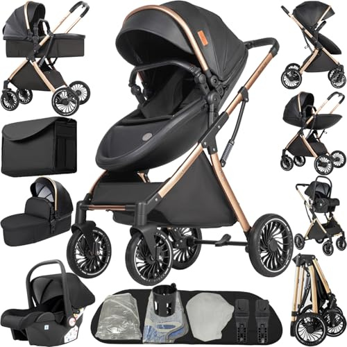 Prokoke Kinderwagen 4 in 1, Buggy mit Umkehrbarem Zwei-Wege-Schub, Kinderwagen Rahmen Aluminiumlegierung, Kombikinderwagen 4 in 1 Einem Klick Faltbar Baby Kleinkind Neugeborene (688 Black)