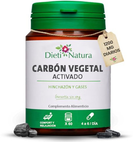 Dieti Natura Carbón Vegetal Activado 60 Cápsulas - 1200 mg Diarios - Ayuda frente a Gases e Hinchazón - Alivio Natural del Malestar Digestivo