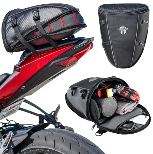 Nomad USA Motorcycle Tail Bag, Waterproof Street Sportsbike Rear Rack/Seat Bag Converts to Shoulder Bag, 10-15L Expandable Tail Tank Tool Pouch/Handle Carry Bag with Rain Cover, Mounting Straps