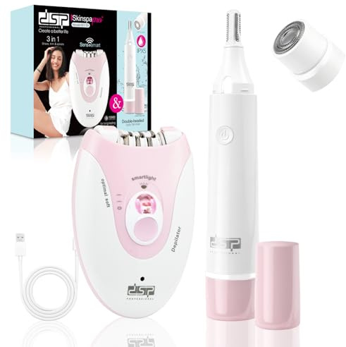 DSP 2-in-1 Damenrasierer & Gesichtshaarentferner Kabellos Wiederaufladbar | Ladeanzeige, IPX5 Wasserdicht, 304 Edelstahlklinge, Type-C Ladung, Leiser Betrieb ≤70dB, Doppelfunktion