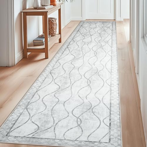 Famibay Teppich Läufer Flur 80x300 Teppich Küche Läufer rutschfest Flurteppich Läufer Lang Beige Grau Teppichläufer Flur Waschbar für Küche Schlafzimmer Wohnzimmer