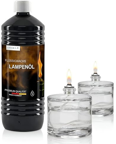 Lavabis 2er Set Öllampen 60 ml + 1L Flüssigwachs – Nachfüllbare Glas Öllampe Set – Geruchsneutral, Rußfrei – Für Bars, Restaurants, Innen & Außen, Tischdeko, Garten, Camping, Notbeleuchtung