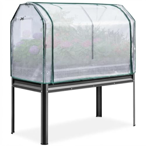 Garvee Con Letto Orto Rialzato Alto in Metallo Verniciato Nero Con Mini Serra in PE e Telo Protettivo, Aiuola Sopraelevata Per Giardino e Balcone, Alta Qualità, Resistente, Facile Da Montare