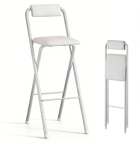 Sohodoo Sedie Pieghevoli Con Cuscino,Sgabello Da Bar Pieghevole Con Schienale,Sgabello Alto Pieghevole,Sgabelli Pieghevoli Imbottiti Con Cuscino,Sedia Alta Pieghevole(White,70cm)