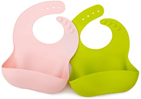 Pekitas Wasserdichtes Silikon-Lätzchen für Babys, leicht aufrollbar, trocknet schnell, einfache Reinigung, Tasche zum Auffangen von Mahlzeiten, Set grün + rosa