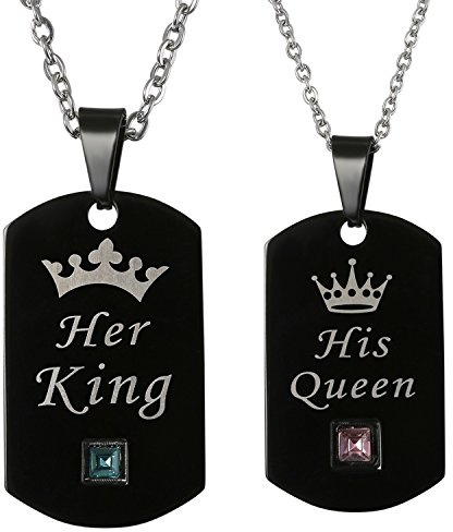 JewelryWe Schmuck Edelstahl Partner-Anhänger Halskette mit His Crizy & Her Weirdo Herz Zirkonia Dog Tag, Paar Anhänger Kette Freundschaftsketten mit kostenloser Gravur, Schwarz