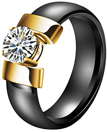PAURO Bijoux Haute Brillant avec Zircon Engagement Mariage Band Bague Femme Céramique Noir Or Taille 60