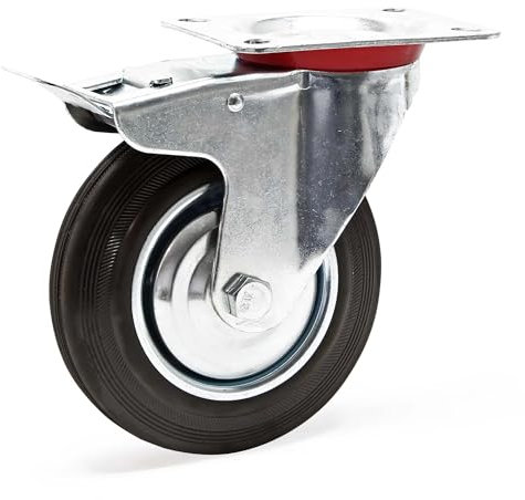 Wiltec Ruota piroettante doppio stop gomma piena 200mm max 150kg con piastra di montaggio per carrelli, mobili