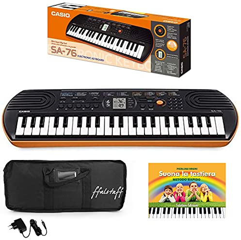Kit Pianola Tastiera Casio SA76 (Fondo arancione) con Borsa ffalstaff ®, Alimentatore e E-book Suona la Tastiera