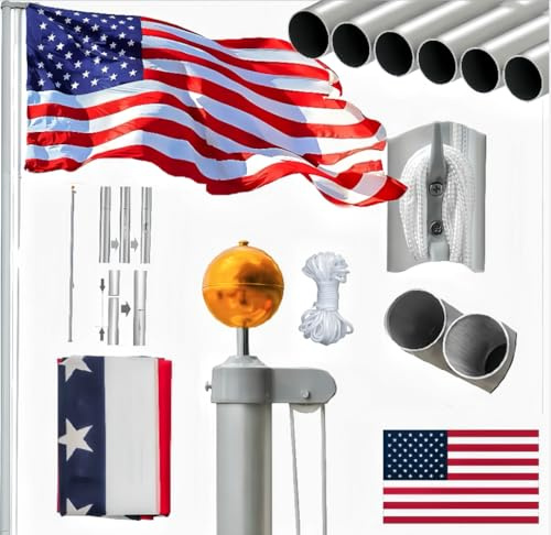 VINGLI Upgraded 25FT Sectional Aluminum Flagpole, Thick Tube Halyard Flag Pole,Kit Free 27~33mph, with 3'x5' polyester USA American Flag， Golden Ball Top Halyard Rope PVC Sleeve