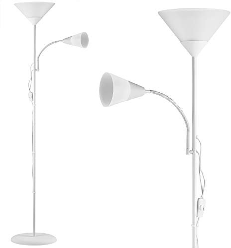 MONZANA® Floor Lamp Alissa | 2-in-1 LED Uplighter and Reading Light | Freestanding Modern Design | Adjustable Flexible Arm | E27 and E14 Bulb Fittings | 175cm | White