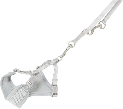 TRIXIE Junior Welpen-Softgeschirr mit Leine Größe S–M: Brustumfang 26–34 cm/10 mm in hellgrau - gepolstertes anpassbares Hundegeschirr mit 3fach verstellbarer Leine für kleine Hunde, 15560