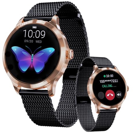 LUNIQUESHOP Round Smartwatch V2 für Frauen Telefonfunktion, Sprachassistent|Kleiner runder 1,19 120 Sports Herzfrequenzmonitor Blutdruckmonitor Schlafmonitor Damenuhr Android iOS Schwartz Gold