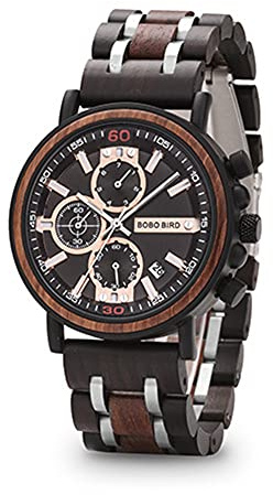 YCYR Herren-Holzuhren, Business Casual Uhr mit Quarz Analog Sub Zifferblatt Datumsanzeige Chronograph Leuchtzeiger, Verstellbares Holzarmband