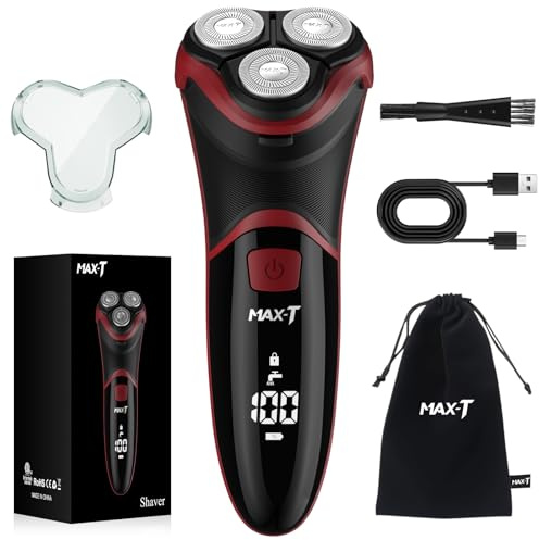MAX-T Men's Electric Shaver - Corded and Cordless Rechargeable 3D Rotary Shaver Razor for Men with Pop-up Sideburn Trimmer Wet and Dry Painless 100-240V Red