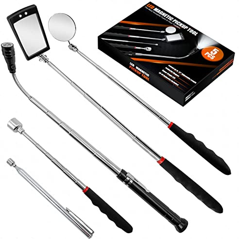 Stocking stuffers Gifts for Mens 5Pcs Magnetic Pickup Tool, Christmas Birthday Gifts for Him Telescoping Flexible Flashlight with Pick Up Rod Round/Square Inspection Mirror for Mechanic