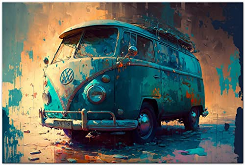 Printonia Bild auf Leinwand 120x80cm Volkswagen VW-Bus Bulli T1 Transporter Oldtimer Abstrakt Art Automobil Bilder Deko Dekoration Wandbild Kunstdruck