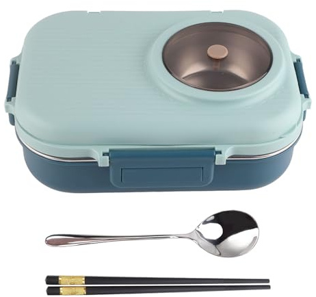 Thermal Lunch Box, Leak Proof Bento Lunch Box, 1100ml Double Layer 3 Grid Design Meal Prep Containers 304 Stainless Steel Bento Box with Chopsticks Spoon Soup Bowl (Blue)