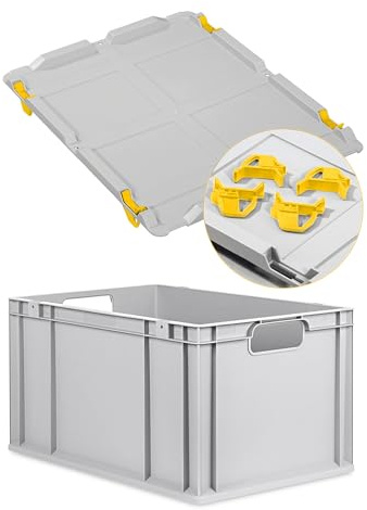 Eurobox NextGen Economy 60x40x32cm Griffe offen mit Auflagedeckel grau, Kunststoffbox 65 Liter, Logistikbox Lagerbox Campingbox stapelbar, Farbe Deckel-Verschlüsse wählbar (Verschluss Gelb)