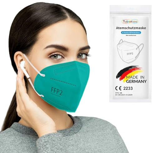 TubeRoo FFP2 Maske grün hellgrün 10 Stück Masken aus Deutschland, Made in Germany, weiche runde Ohrschlaufen Bänder, Atemschutzmaske, Mundschutz