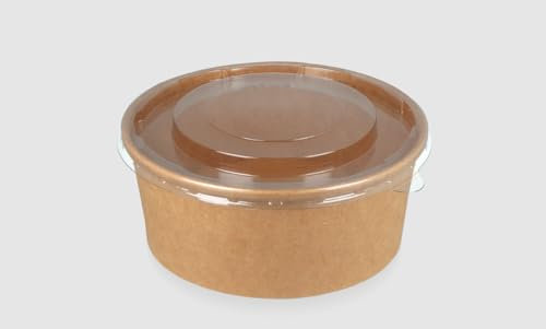 KURTT - 100 Uds. Ensaladas de cartón con tapa - 500 ml Kraft Ensaladera - 500 ml - tazón de pokébowl - 500cc - Bandeja marrón - Ensaladera redonda con tapa - 500 ml - fiambrera - Bandeja para llevar