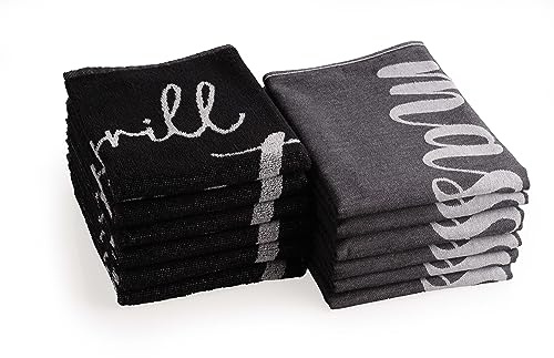 DoubleDry 12er Set Geschirrtücher und Küchtentücher Set - 100% Baumwolle - 6X 50x70cm und 6X 50x50cm - Oeko-Tex Zertifiziert (Grill Master, Schwarz)