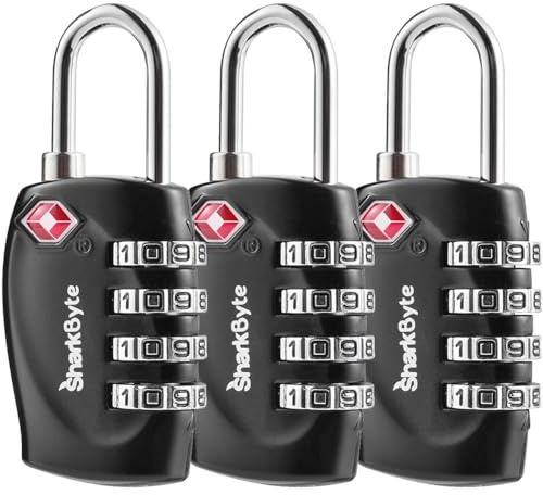 SharkByte TSA-zugelassene Gepäckschlösser, 4-stelliges Sicherheits-Reise-Kombinationsschloss, Reiseschloss für Koffer, Gepäckkoffer, Reißverschluss, Rucksack, Reisetasche, Fitnessstudio, Schließfach,