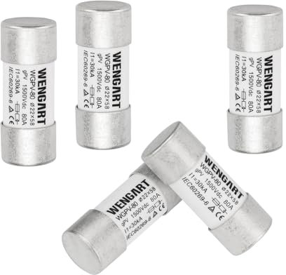 Wengart Fusible cilíndrico de PVC WGPV-80, DC1500V 80A 50kA, 22x58mm, protege sistemas fotovoltaicos contra sobrecargas y daños por cortocircuito
