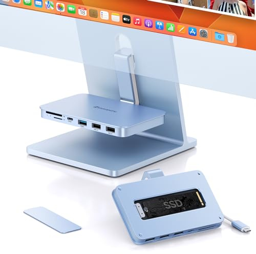 Minisopuru iMac Zubehör 2021/2023/2024, USB-Hub, unterstützt NVMe SATA SSD (nicht im Lieferumfang enthalten), Hub für M1/M3/M4 mit 10 GB/s, SD/TF, Adapter für 24/Studio Display 27, Blau