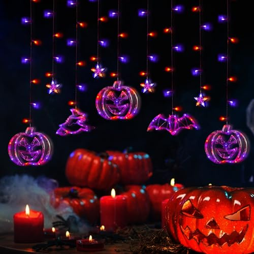 Halloween Deko Fenster Lichterketten,Halloween Led Lichterkette mit Kürbis Geist Spinnen Augapfel Hängende Vorhang Lichter,mit Fernbedienung 8 Modus für Halloween Dekorationen (High-Low Style)