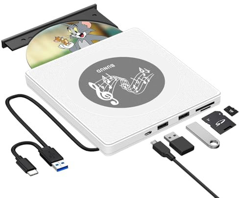 BUNUD Externes DVD Laufwerk, CD Laufwerk Extern USB 3.0 CD DVD +/- RW Brenner Player mit 2 USB SD/TF Ports, USB C Externes CD Laufwerk für Apple, Laptop, Windows 11, MacBook, Mac