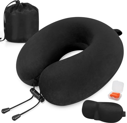 Cuscino da viaggio, Cuscino collo in memory foam, Cuscino di supporto, Cuscino Cervicale da Viaggio per Auto, Viaggio con Maschera per gli Occhi e Tappi per le Orecchie, Borsa da Viaggio (Schwarz)