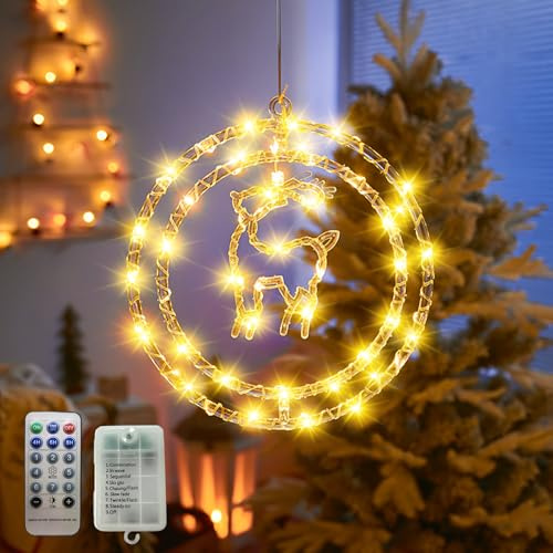 Weihnachtsbeleuchtung Innen Fensterdeko mit Led Lichter,8 Licht Modi Weihnachtsdeko Hängeleuchte USB LED Sternfenster Weihnachtsstern Beleuchtung für Party Fensterdeko Weinachtsdekorationen (Elk)