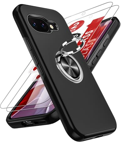 LeYi for Google Pixel 9A Phone Case with 2 Tempered Screen Protector Black | Invisible Metal Ring Stand Holder Shockproof Protection Cover for Google Pixel 9 a - Black