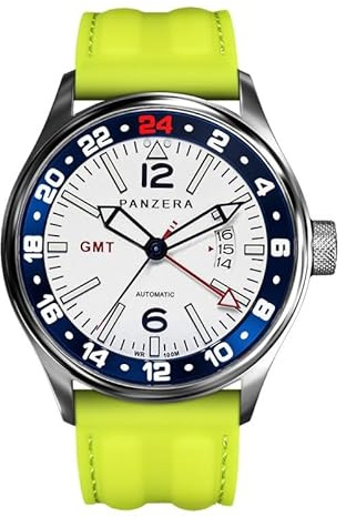 Panzera Flieger 45G Mechanische Automatikuhr Stahl Weiß Gelb Silikon Saphir Datum Herrenuhr, gelb