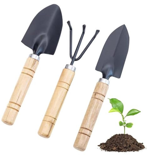 Lonwiner 3-teiliges Mini-Gartenwerkzeugset, Gartenwerkzeuge, 1 x Blumenkelle, 1 x Pflanzgabel für Topfpflanzen, für Garten, Pflanzen, Innen und Außen
