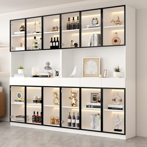boorbin Glasschrank Tür 200cm hoch Weißer Vitrinenschrank mit LED Lichtern, Multi Storage Bücherregal für Sammlung Schlafzimmer Wohnzimmer Büro, Weiß - Schwarzer Türrahmen (2, Weiß)
