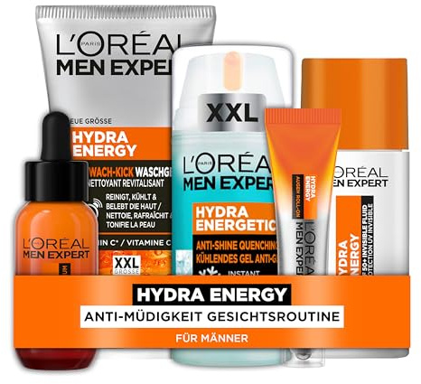 L'Oréal Men Expert kühlendes Pflegeset für Männer, Mit XXL Waschgel, Gesichtsserum, Gesichtscreme, Augen Roll-On und LSF 50+ Invisible Fluid, Geschenke für Herren mit Vitamin C, Hydra Energy, 5-teilig