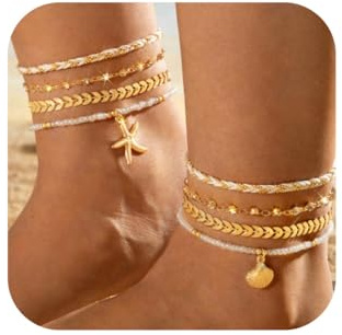 Yean Stapelbare Fußkettchen-Set mit Perlen und Muscheln, Seestern-Fußkettchen, Strand-Fußschmuck für Frauen