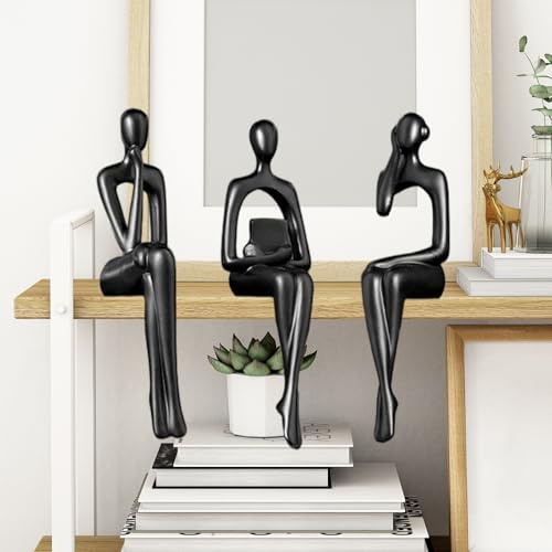 Schwarzer Denker Statuen, 3PCS Denker Skulptur Figuren Set Deko Statuen | Schwarz Abstrakte Kunst Statuen Vielseitige Moderne Harz Skulpturen Figuren Set für Wohnzimmer Büro Bücherregal Schlafzimmer