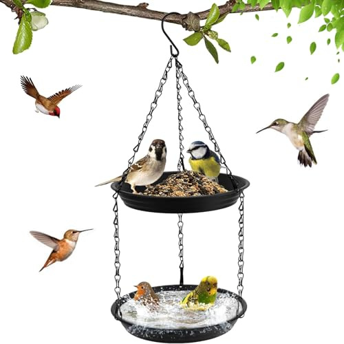 Sqxaldm Vogelfutterstation und Vogeltränke zum Aufhängen, 2-in-1 Zweistufiges Design, Winterfeste Wassertränke aus Kunststoff für Vögel (23x23x3cm), Ganzjährig für Garten und Balkon